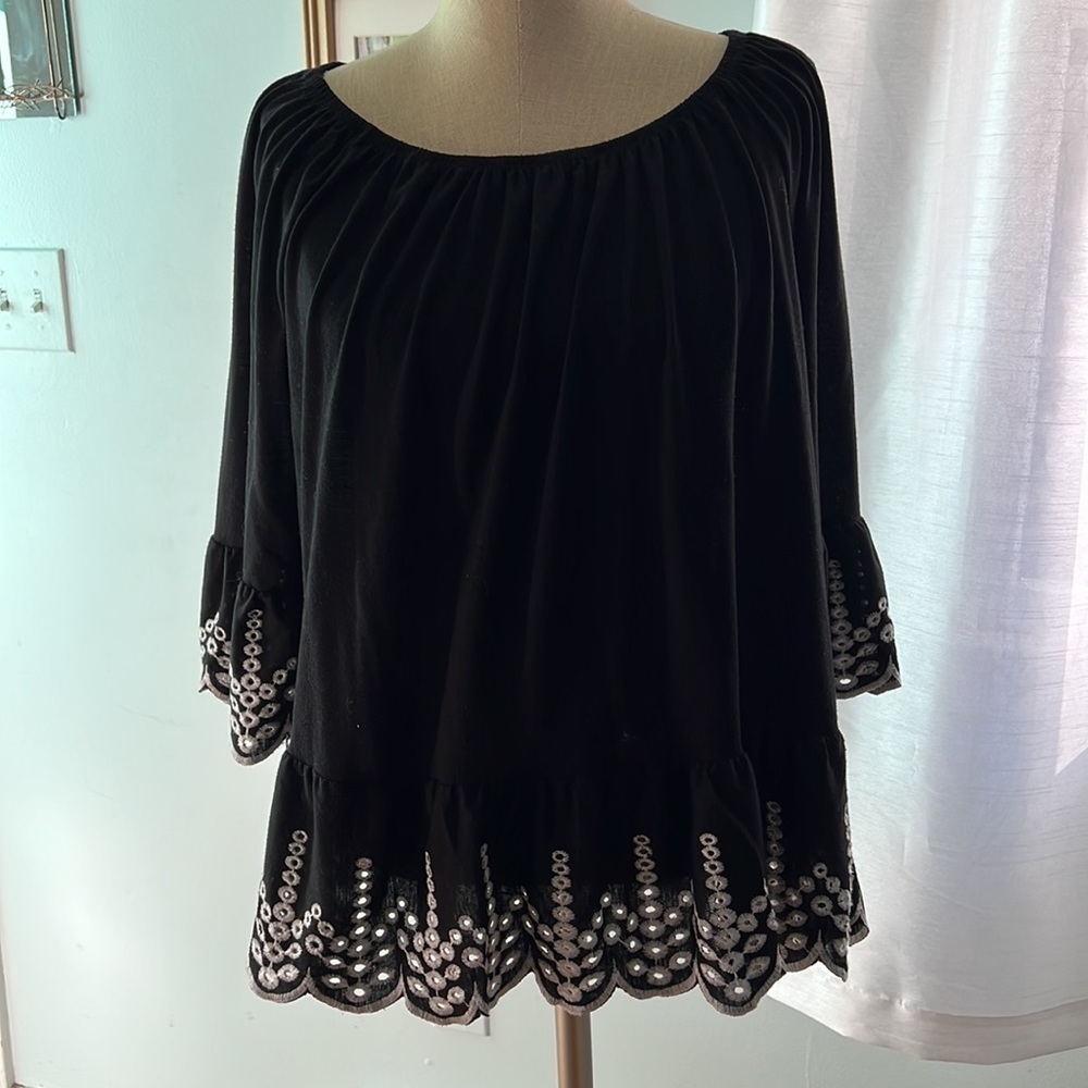 Fever Peplum Top Bell Sleeve Embroidered Eyelet size Large